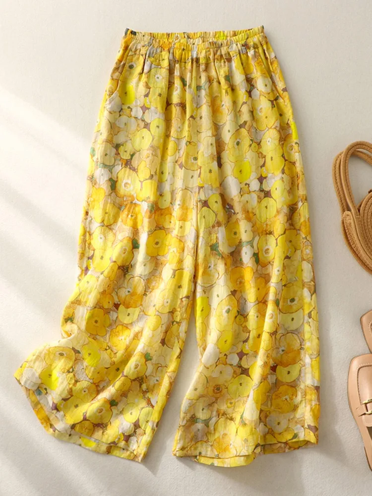

Ретро художественные хлопковые и льняные широкие брюки с принтом, женские летние крутые дышащие повседневные брюки, драпированные тонкие прямые повседневные брюки...