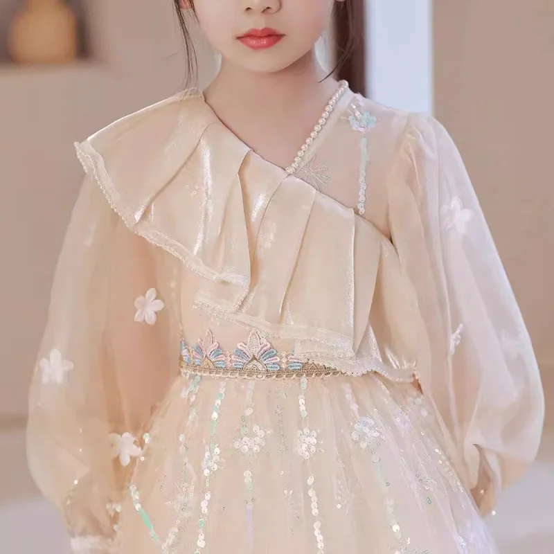 Champagne Color Girls' Princess Catwalk Little Girl Birthday Piano Performance Dress Children's Host Puffy Gauze