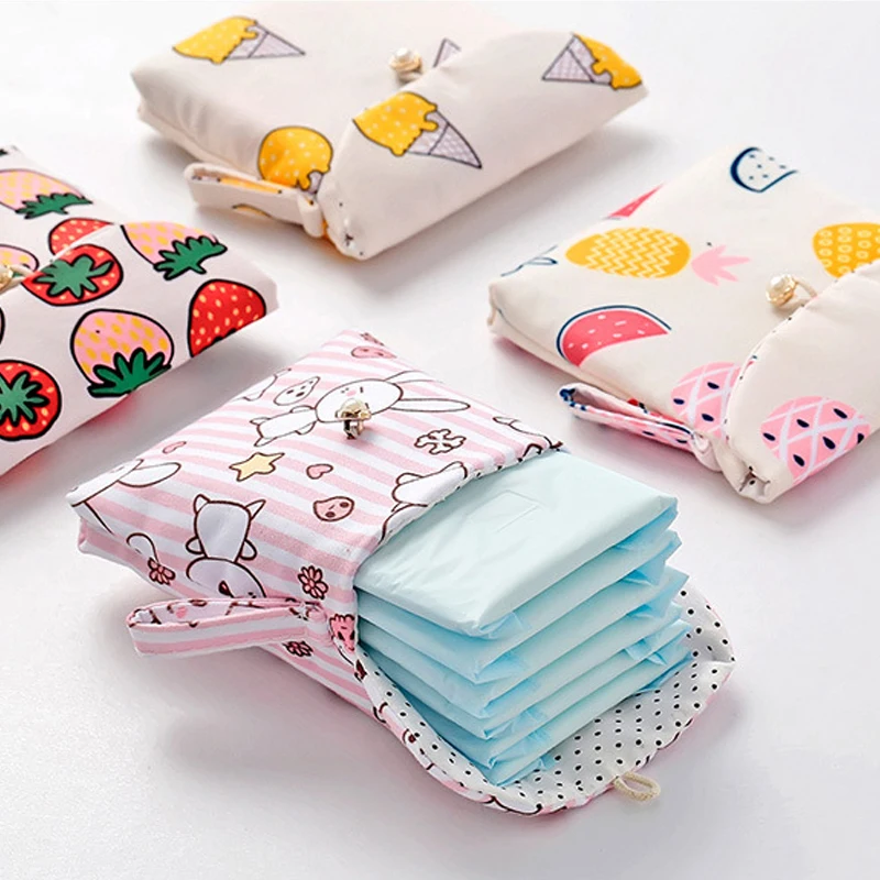 Portable Cartoon Girls Napkin Storage Bag Sanitary Pads Package Bags Coin Purse Jewelry Makeup Lips Organizer Storage Bags