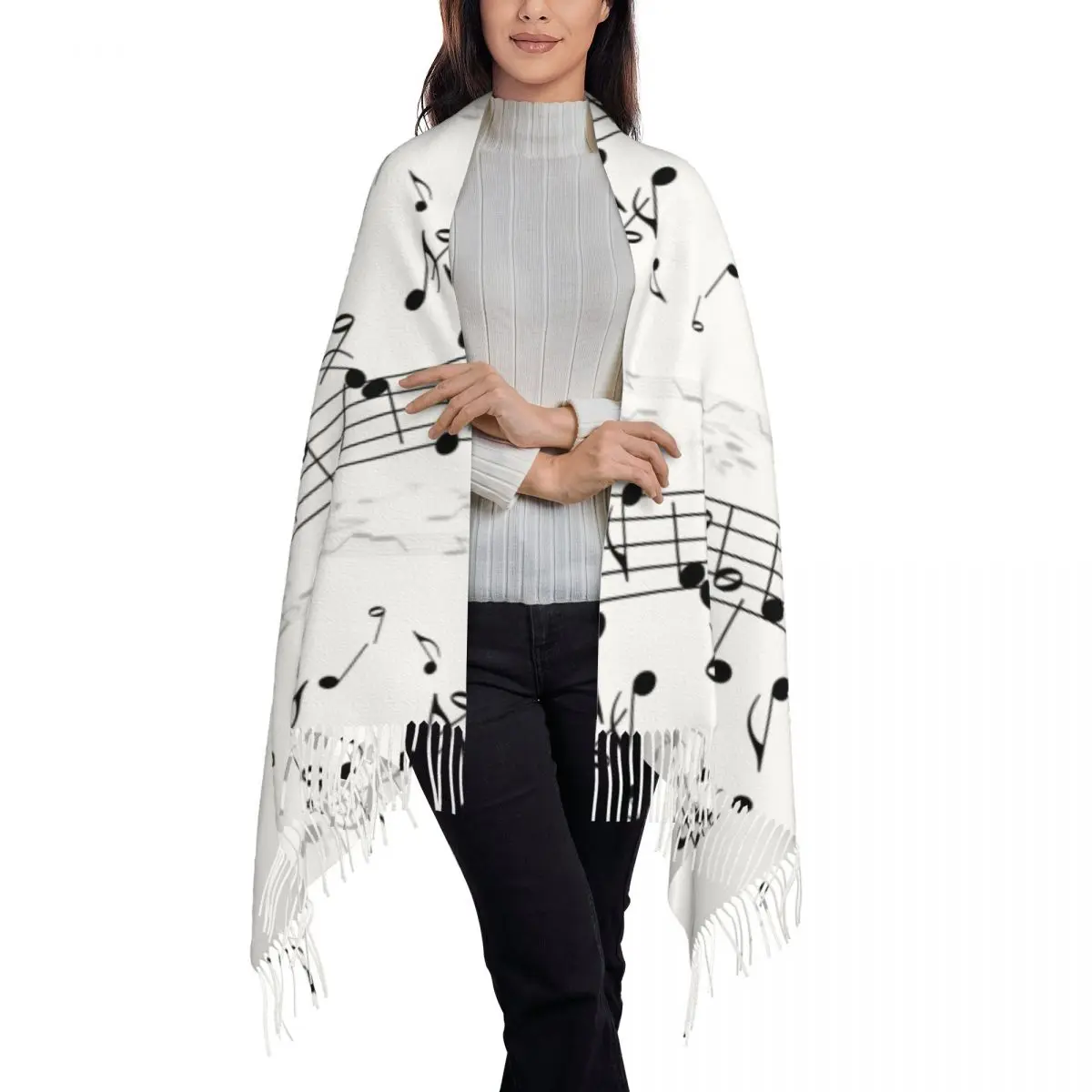 Various Music Notes On White Background Women\'s Tassel Shawl Scarf Fashion Scarf