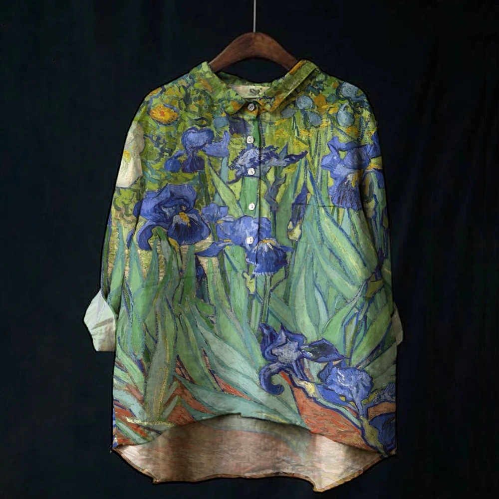 Elegant Iris-Print Shirt Deep Blue Iris Blouse Versatile Iris-Inspired Nature Shirt Natural Lover Outfit Women’s Causal Shirts