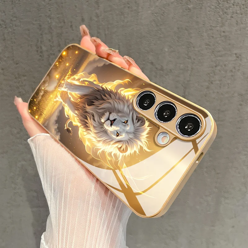 Golden flame lion patterned glass phone case for Samsung Galaxy S26 S25 S24 S23 S22 S21 S20 fe/plus/ultra anti drop