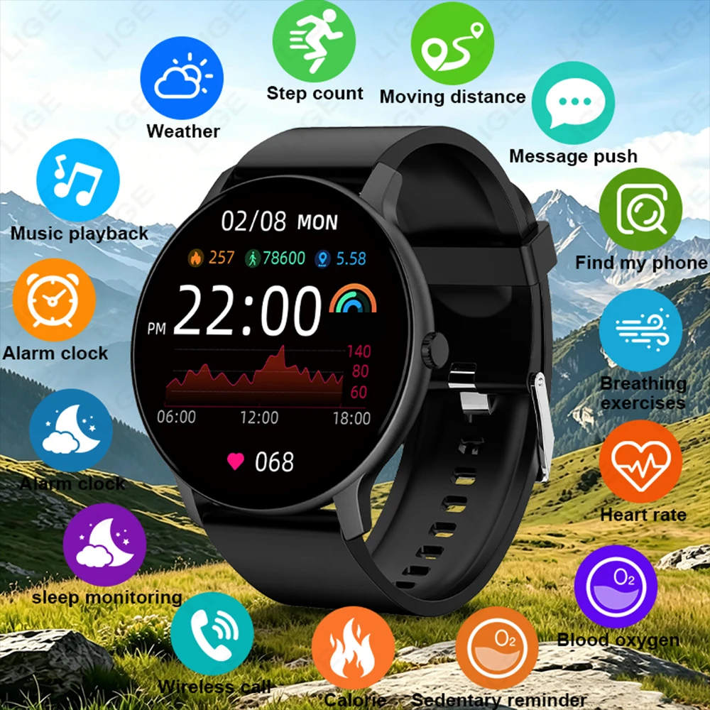 LIGE Neue Smartwatch mit vollständigem Touchscreen für Herren, Sportarmband, wasserdicht, BT-Anruf, Herzfrequenz- und Schlafüberwachung, Smartwatch für Herren und Damen