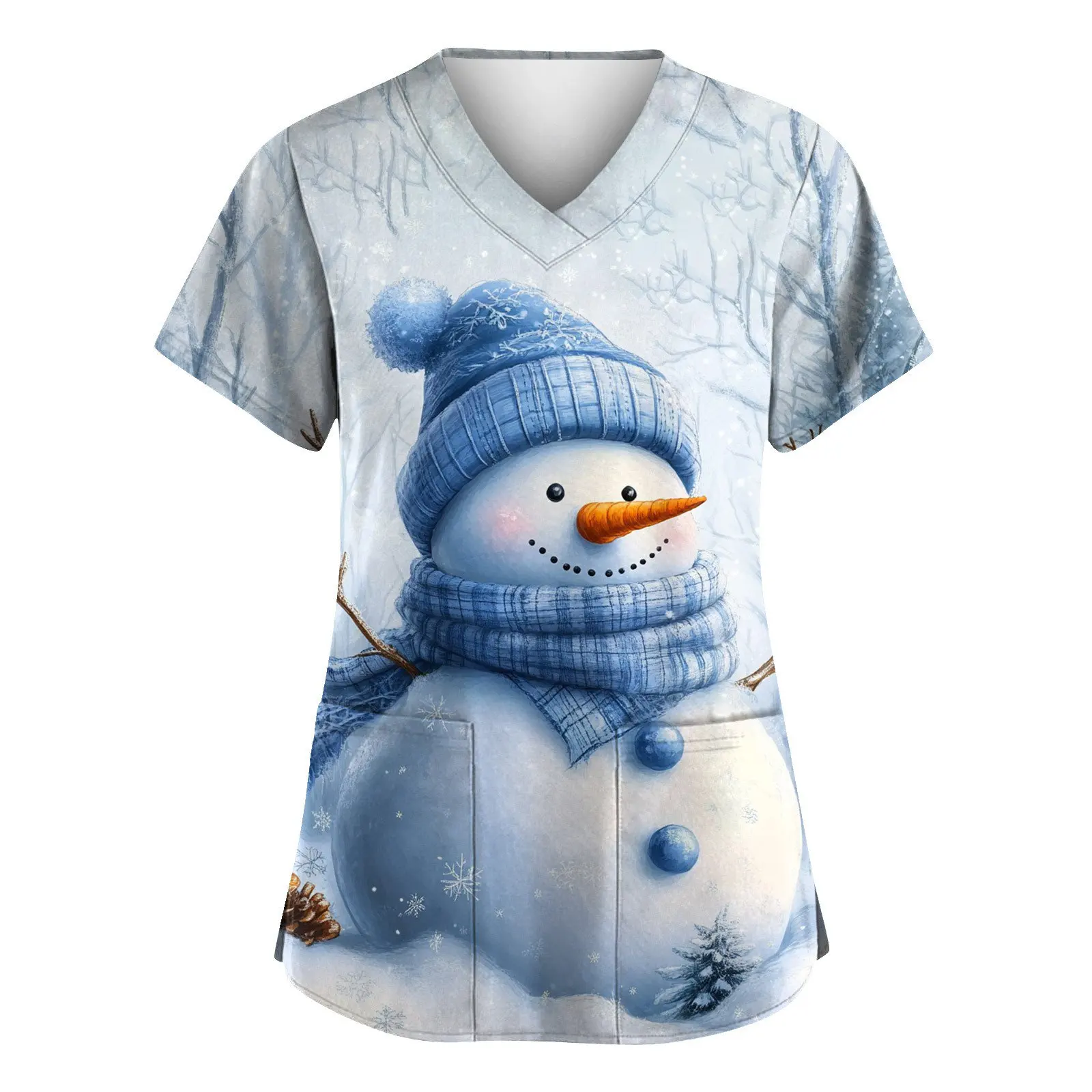 Christmas Holiday Cute Snowman Print Scrubs Medical Uniform, High-Quality And Durable Clothing Material Short Sleeved V Neck Poc