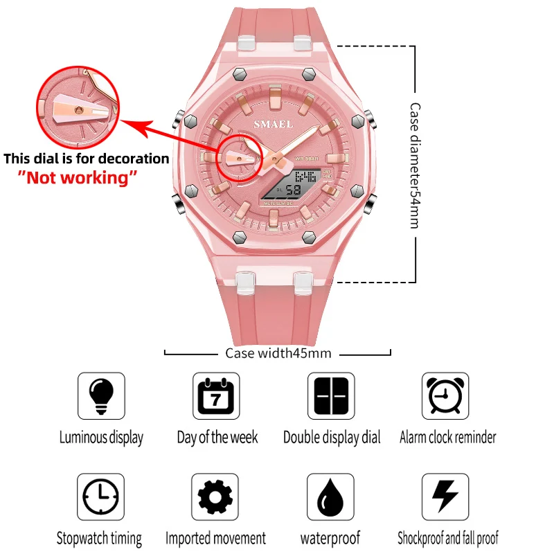 SMAEL Analog and Digital Dual Display Watches for Women Fashion Casual Pink Silicone Sport Electronic Wristwatches Lady Gift