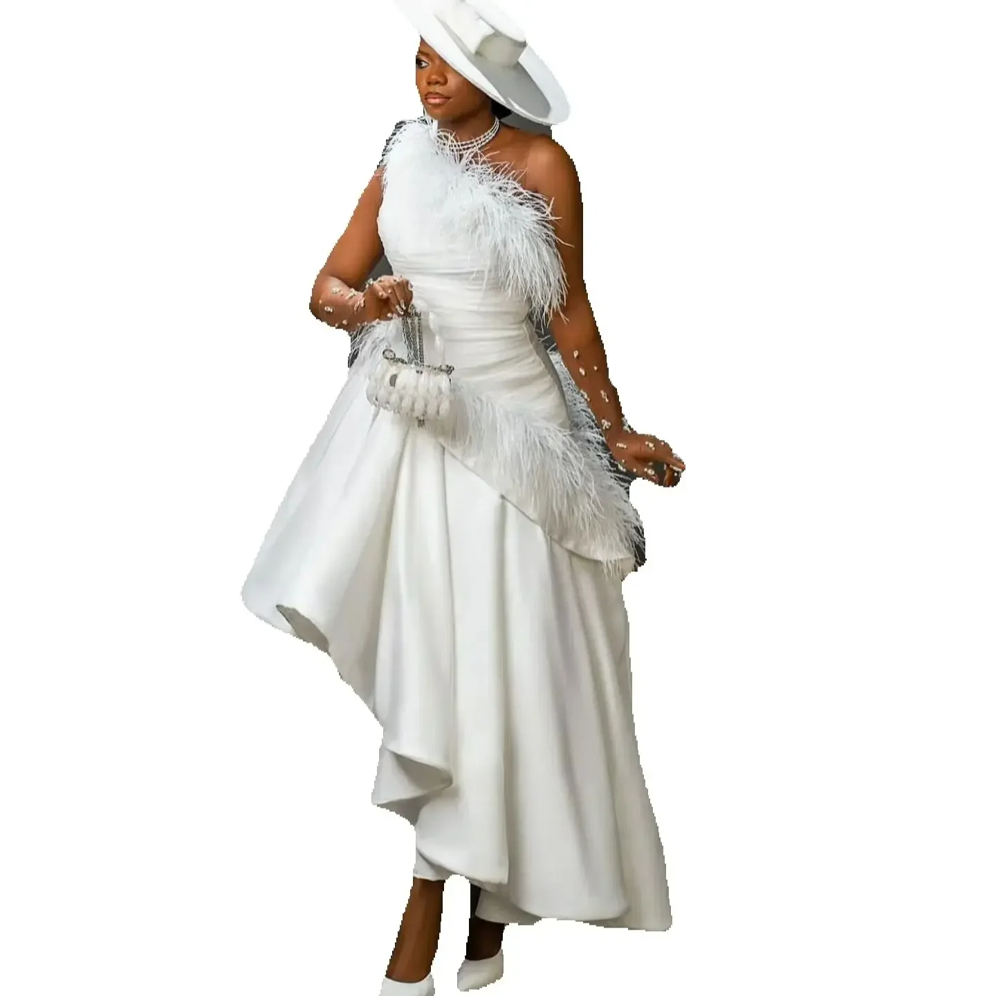 Customized One Shoulder Feather Short High Low Wedding Dress Vestidos De Novia Satin  Bridal Dress
