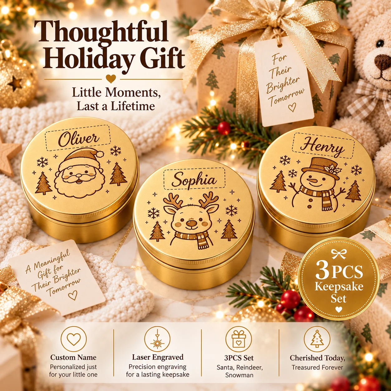 3Pcs Personalized Custom Baby Tooth Boxes, Cute Christmas Designs with Snowman, Reindeer, Santa Claus, Aluminum Keepsake Boxes for Baby Teeth, Custom Aluminum Boxes, Shower Gifts, Birth Statistics Keepsake Boxes, Gift Boxes, (Christmas)Birth Souvenir, (Christmas)Gift for New Parents, Pregnancy