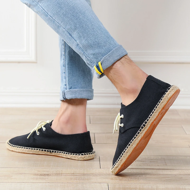 Men Solid Color Linen Canvas Slip On Shoes Breathable Hemp Sole Minimalist Comfort Casual Walking Espadrilles Fashion Simplement