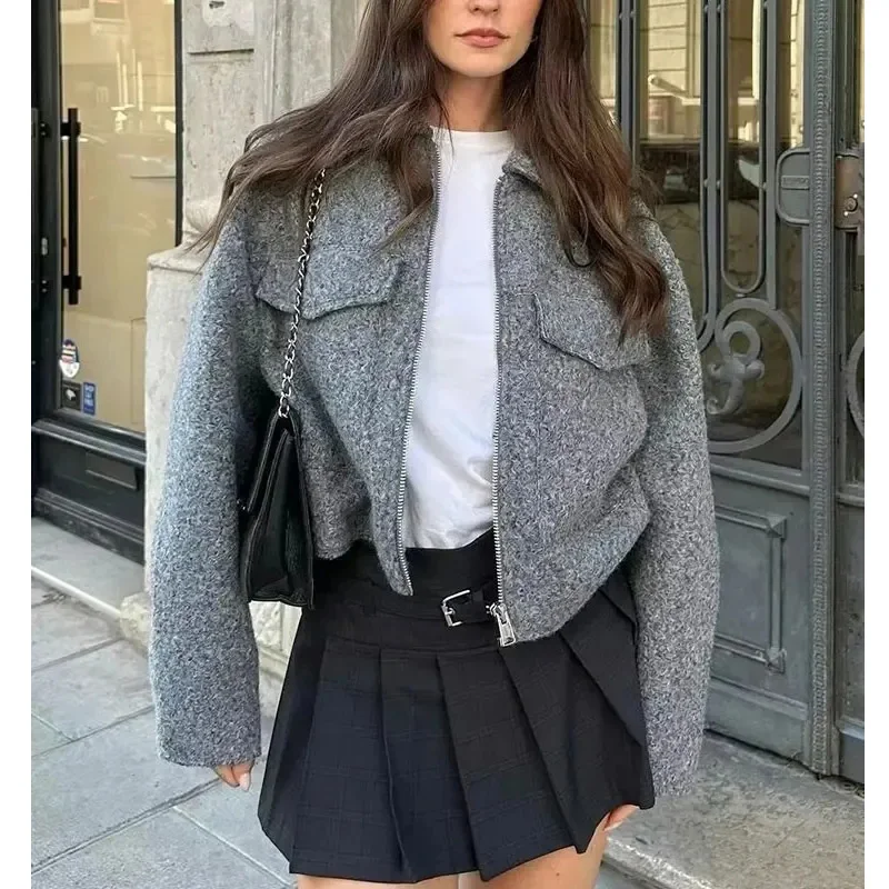 

ZA Autumn Gray Women's Cropped Jacket Coat Long Sleeve Pocket Zipper Polo Collar Jackets For Woman Elegant Solid Outerwear