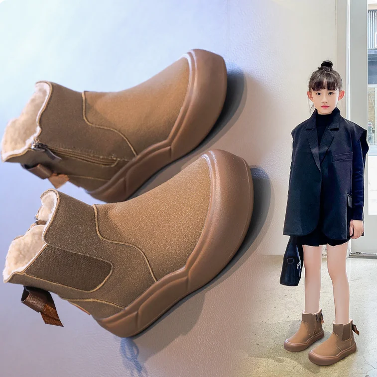 แฟชั่นกลับผีเสื้อ Suede กลางลูกวัวรองเท้าบูทสําหรับสาวคลาสสิกรอบ Toe Princess Platform รองเท้าเด็กรองเท้าเชลซี