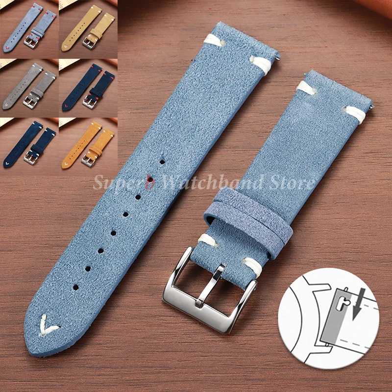 Pulseira de couro de camurça para seiko 18mm 20mm 22mm pulseira de relógio vintage pulseira de costura artesanal para huawei watch gt3/gt4