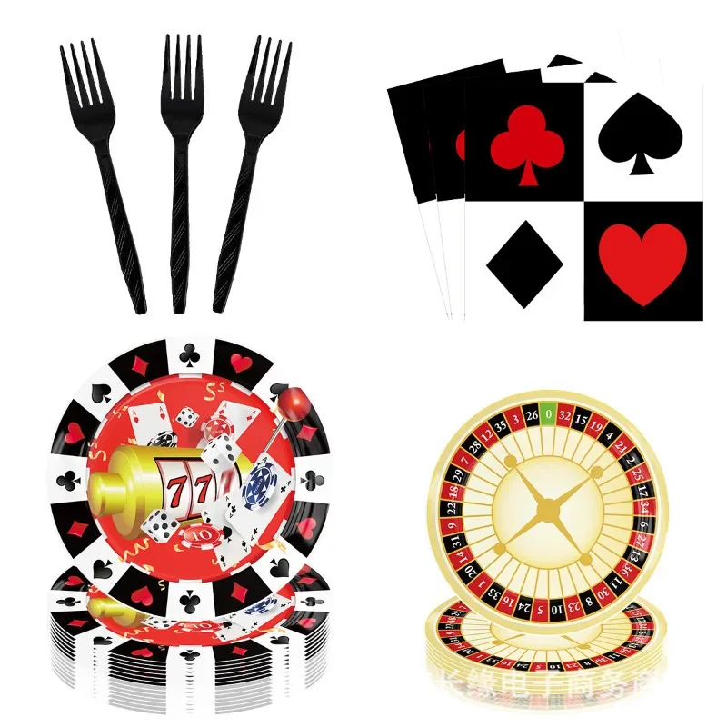 Poker Theme Party Disposable Tableware Set Paper Plate Cup Tablecloth Knife Fork Cake Toppers Birthday Party Decoration Supplies