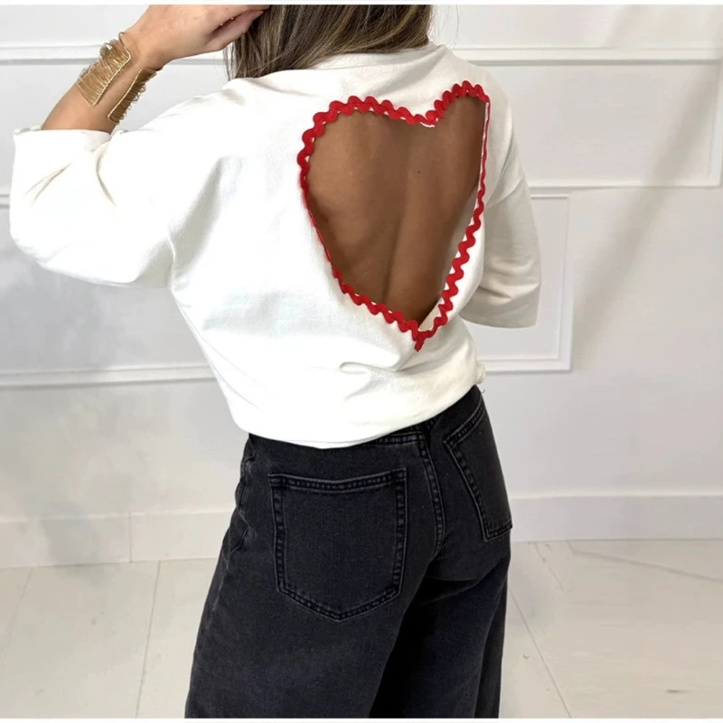 2026 Sweet Cool Style White Back Hollow Heart Oversize Design Sense Niche Short Sleeve Top