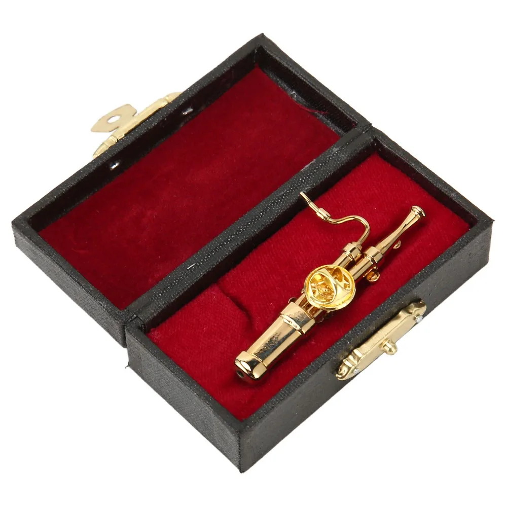 2pcs Metal Miniature Basson Model Gold High Simulation Mini Basson Replica Red Velvet Lined Case Mini Musical Instrument Model