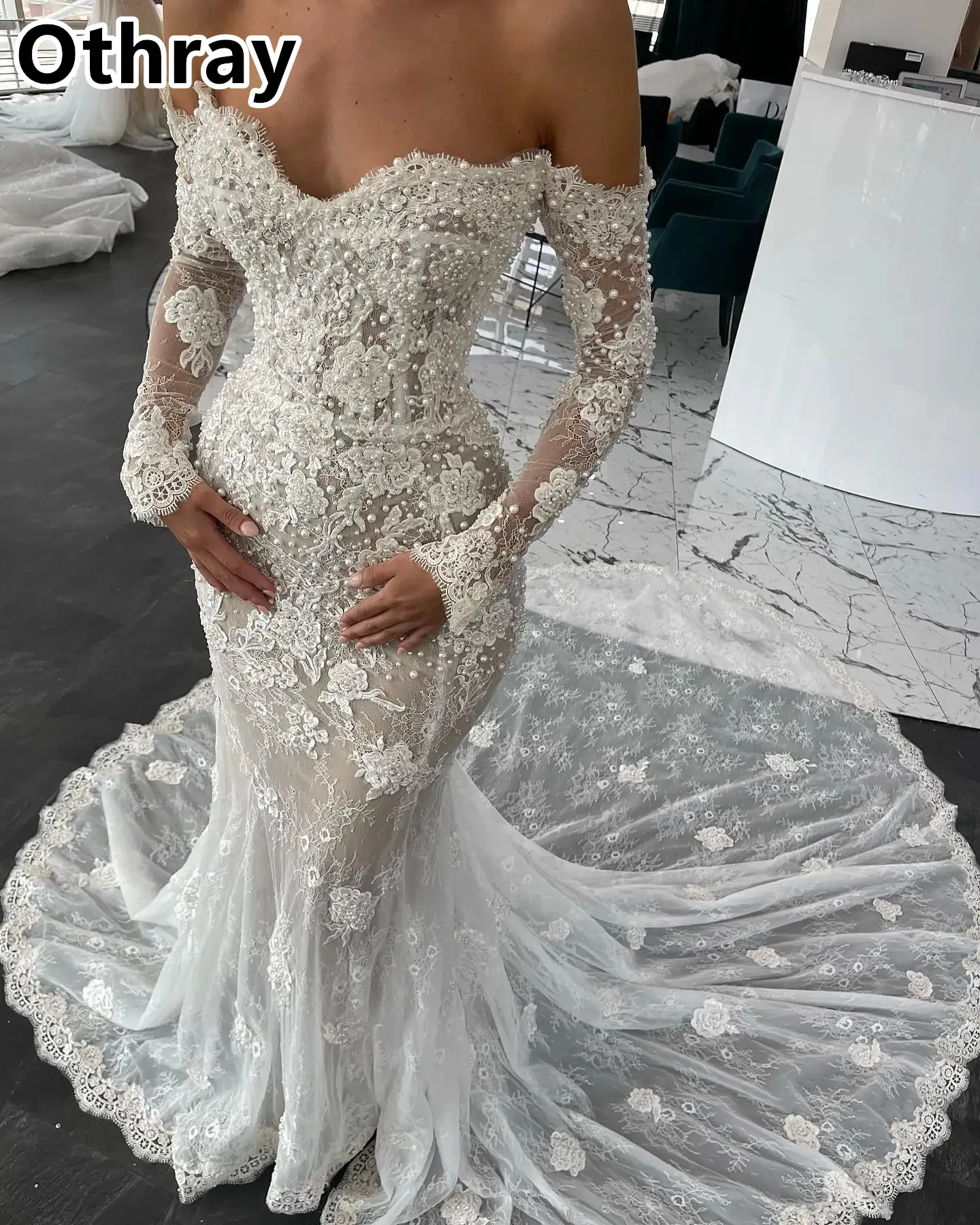 

Othray Mermaid Lace Wedding Dresses Sexy Off The Shoulder Pearls Appliques Bridal Gowns Long Sleeves Sweep Train Vestidos De No