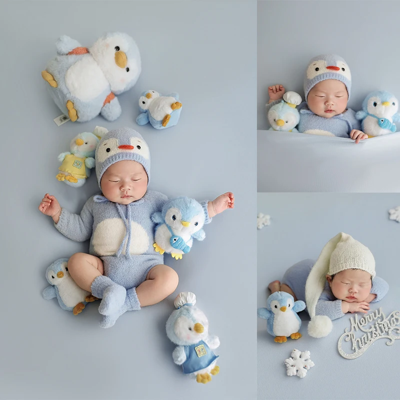 

Cute Animal Theme Newborn Photography Outfit Penguin Stuffed Toys, Baby Penguin Romper Jumpsuit +Hat + Socks Creative Baby Gift