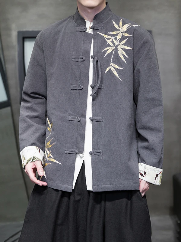 

Retro Trendy Gold Bamboo Embroidered Cotton Linen Men's Jaet Spring Faion Outerwear Large Size Chinese Sle Coat