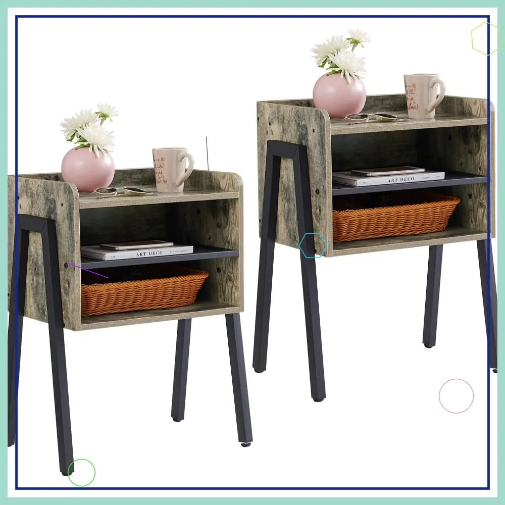 

Industrial Nightstand Set of 2 with Stackable Design & Open Storage for Bedroom Living Room Small Spaces