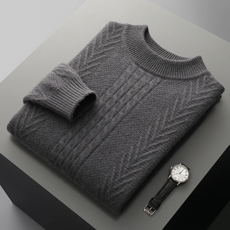 Winter New 100% Pure Wool Jacquard Sweater Men Semi-Turtleneck Knit Pullover Fashion Loose Thicken Tops Warm Cashmere Base Shirt