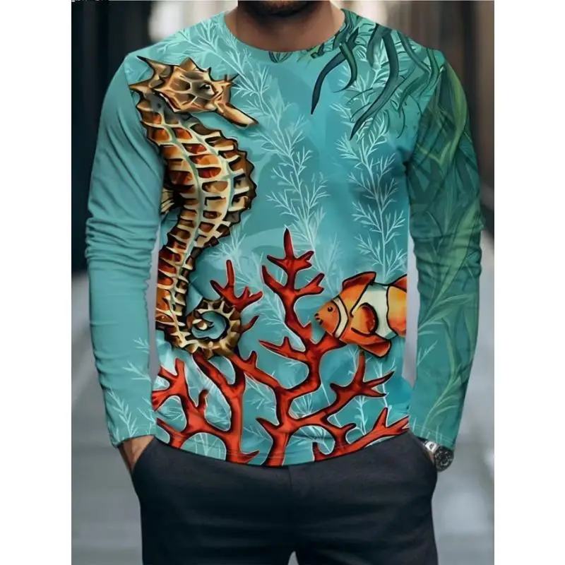 Men Long Sleeve T-shirt 3D Ocean Seahorse Clownfish Coral Print Casual Crew Neck Daily Top