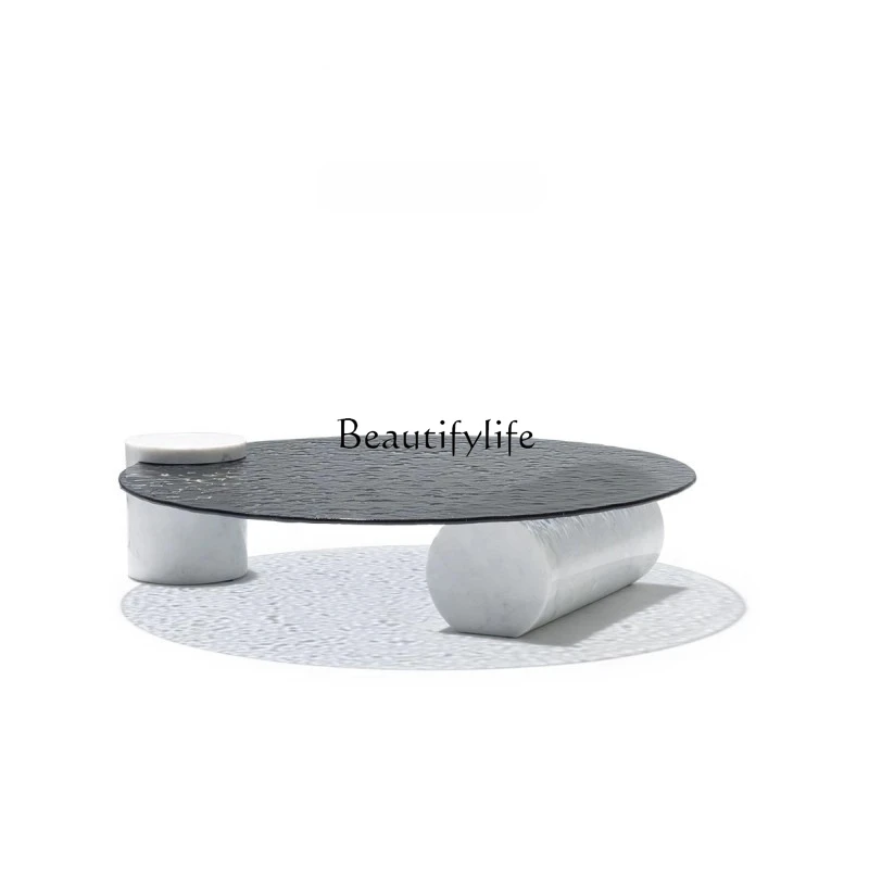 

Nordic Minimalist Designer Natural Marble Water Ripple Tempered Glass Round Coffee Table for Living Room