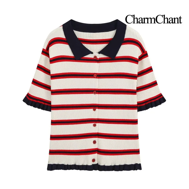 CHARMCHANT Women's Polo Collar Striped Ribbed Knit Cardigan Ruffle Hem Short Sleeve Cropped Knit Top Summer 2026