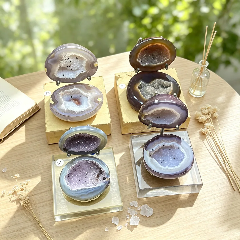 1Set High Gloss Polished Banded Agate Geode Bowl Natural Druzy Quartz Crystal Home Table Decor Ornament