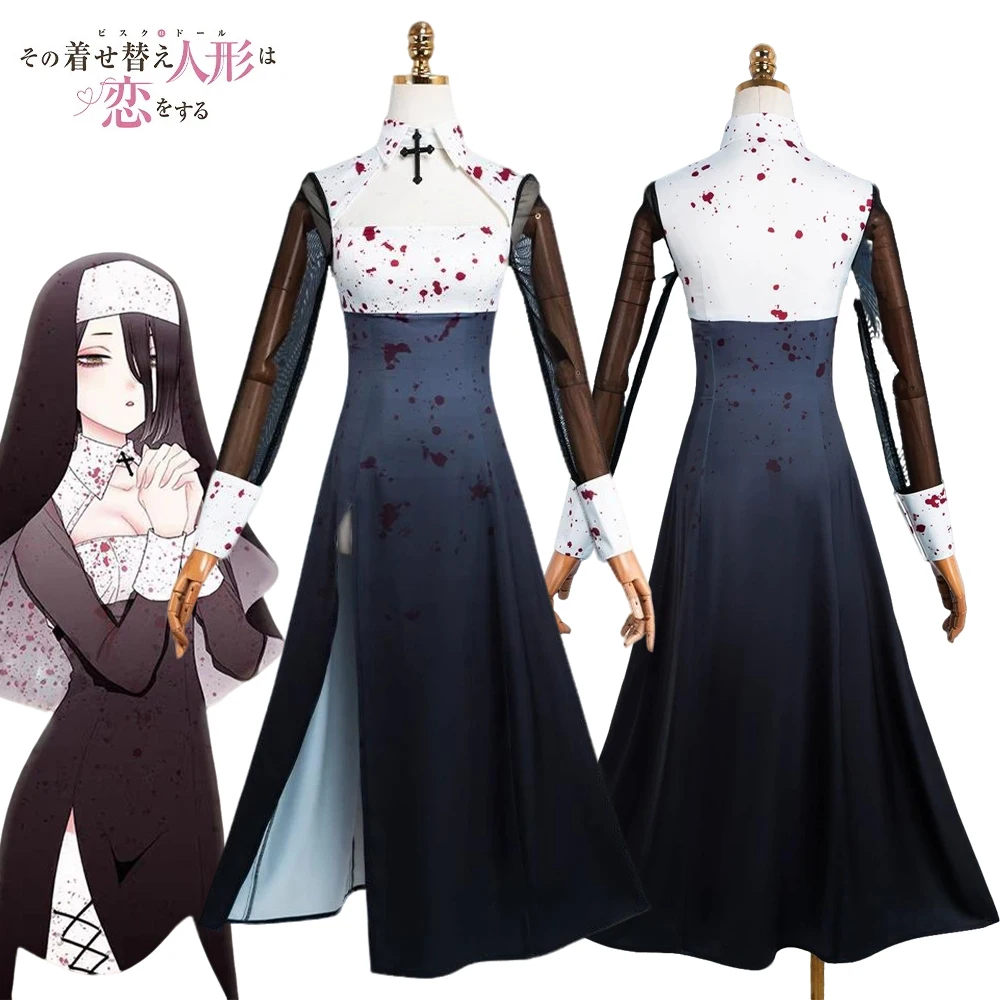 

Anime My Dress Up Darling 2 Kitagawa Marin Cosplay Costume Women Black Dress Scarf Full Set Nun Uniform Halloween Clothes Outfit