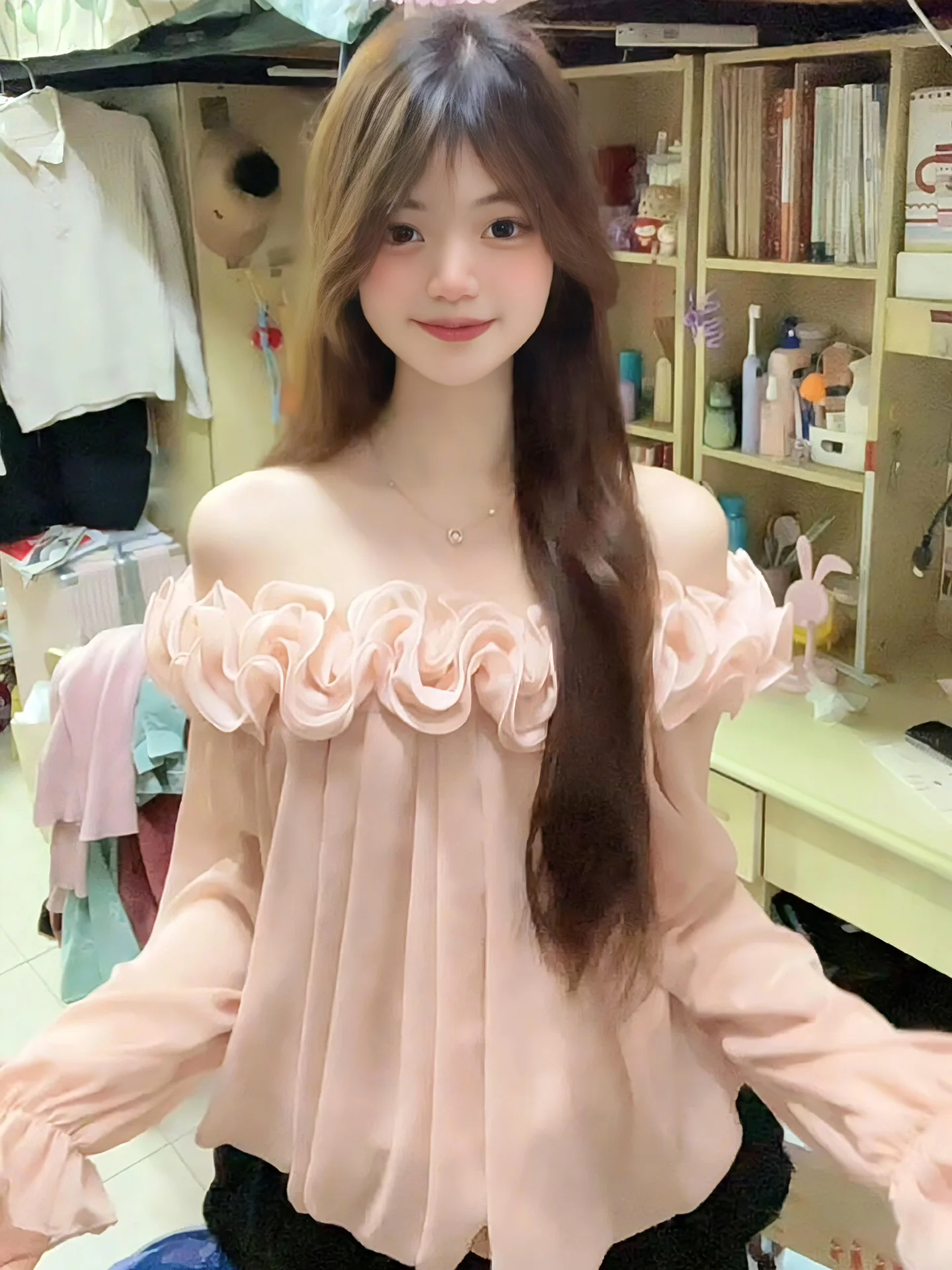 

Ele One-oulder Long-Sve Chiffon irt Women's Loose Slimming Top Floral Design Gentle Sle Casual Wear