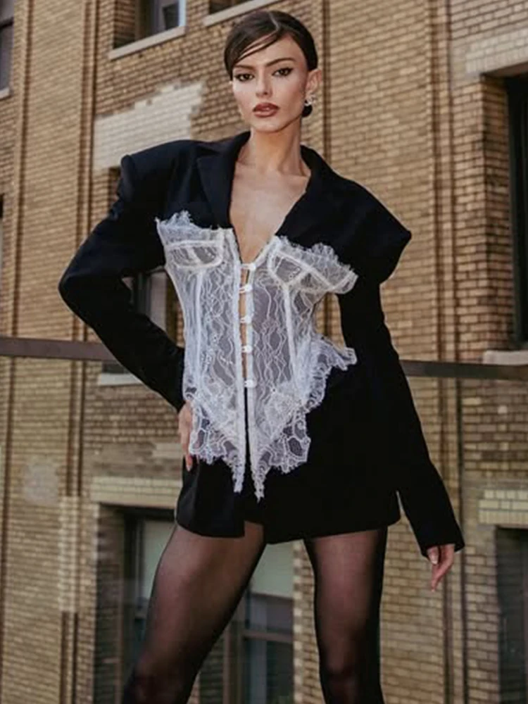 Trendix Fashion Blazer Renda Wanita 2025 Musim Dingin Kerah V Dalam Lengan Panjang Cardigan Jaket Pesta Klub Pinggang Tinggi Seksi Elegan Blazer