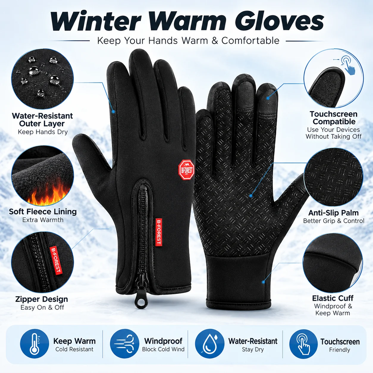 1Pair Winter Warm Gloves for Men Women, Touchscreen Windproof & Non-Slip Cycling Gloves with Zipper Ideal with Running Skiing