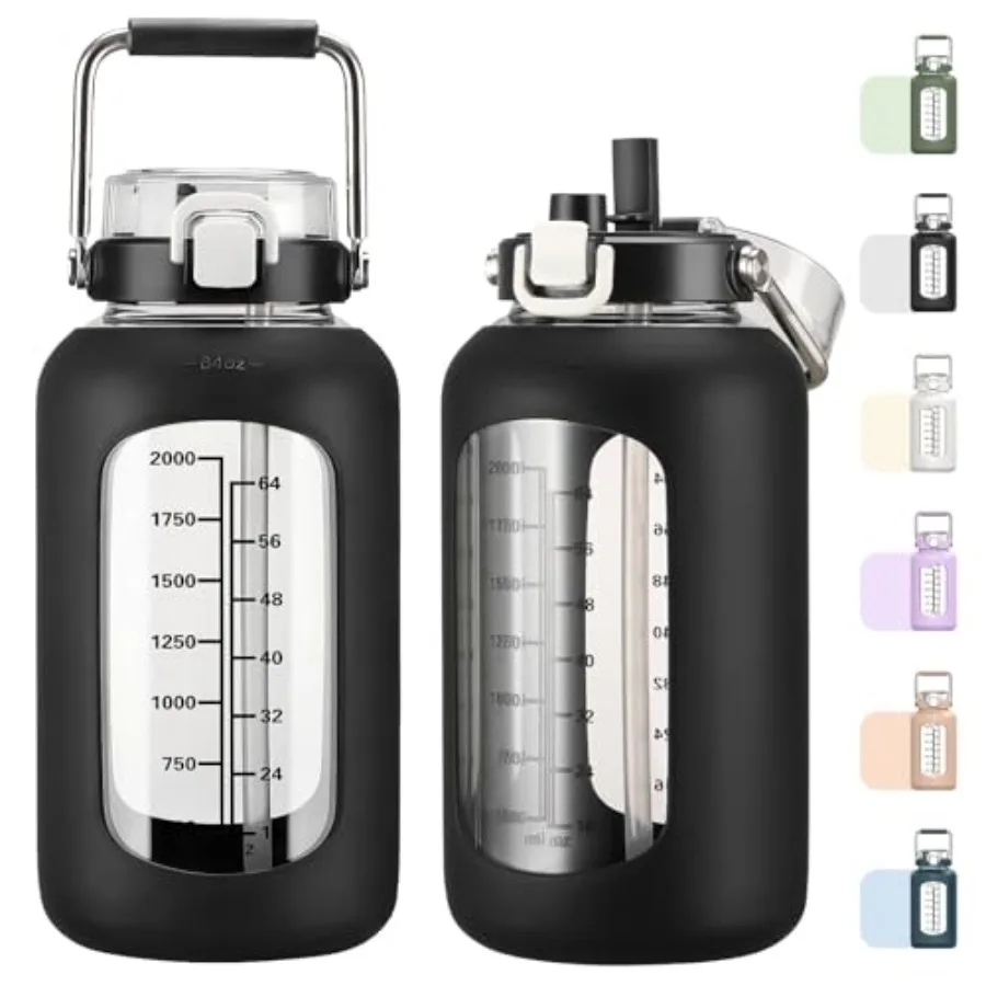 

Glass Water Bottle with Time Marker and Silicone Sleeve 2.5L Water Jug with Stainless Steel Handle Gallon Drinking Bottle with