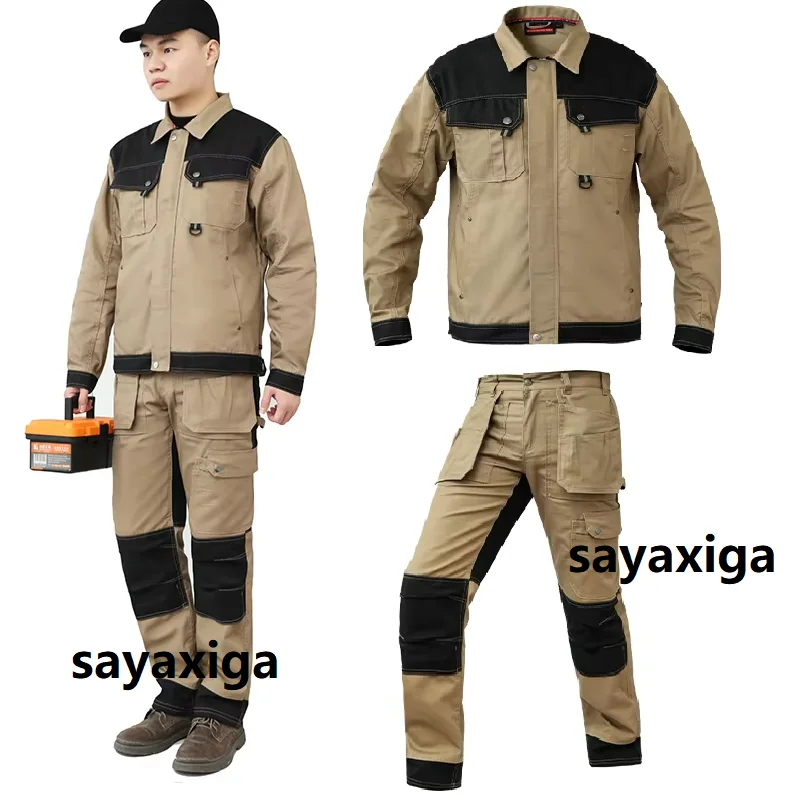 Workwear Men Jacket Khaki Work Jacket COveralls Multi-pockets Wear-resistant Working Cargo Pants Men's workwear with Knee Pads