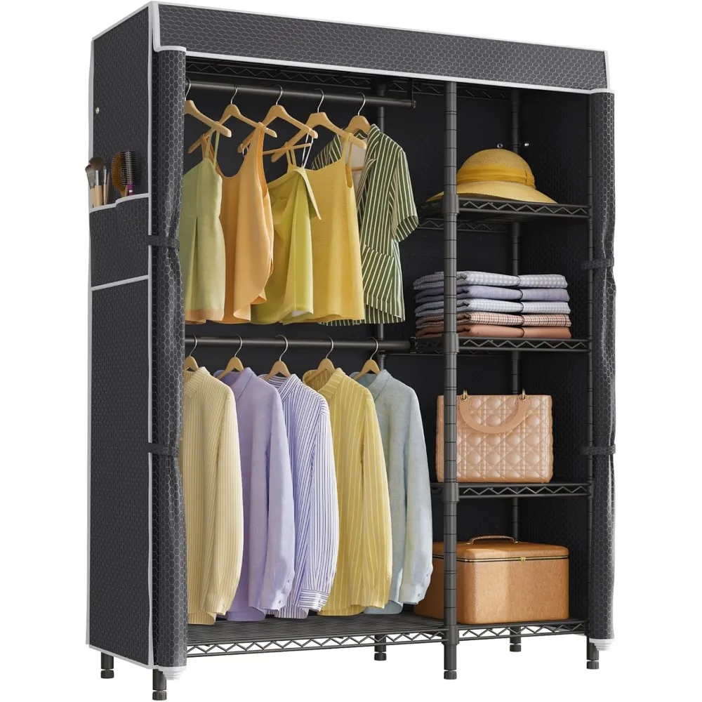 

V7C Basic Garment Racks with Cover Portable Closets for Hanging Clothes, Heavy Duty Clothes Rack with Shelves Metal Closet Ward