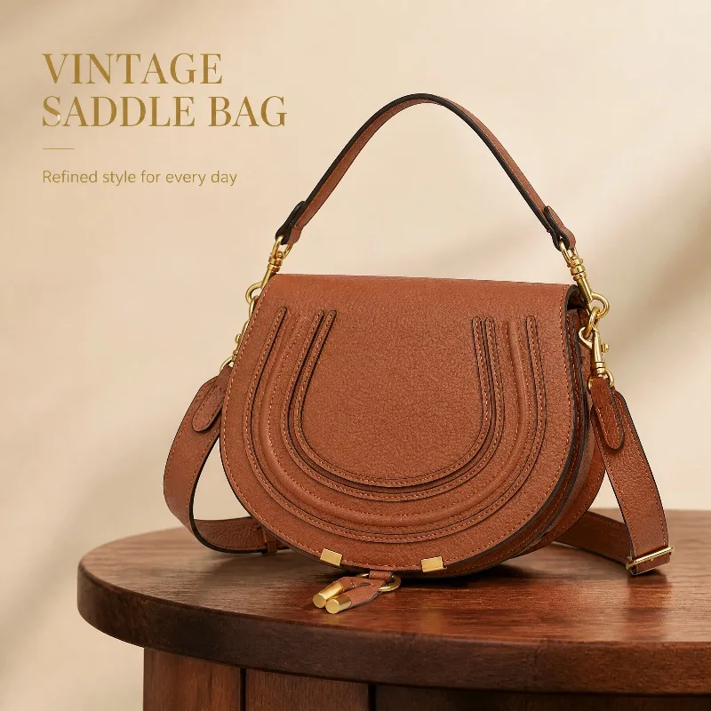 New Women Saddle Bag Pebbled Faux Leather Crossbody Bag Vintage Tassel Decor Detachable Shoulder Strap Handbag