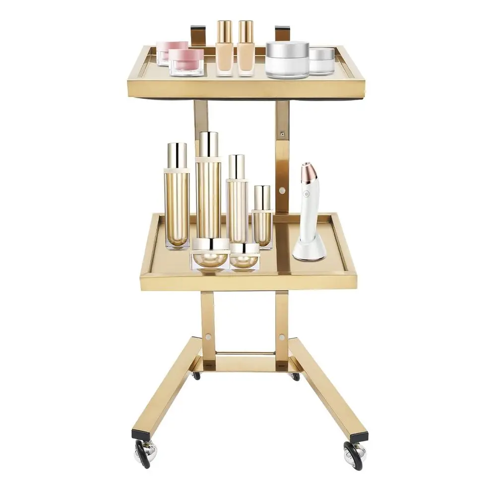 2-Tier Stainless Steel Rolling Cart with Wheels, Utility Trolley for Beauty and Lash Services in Gold