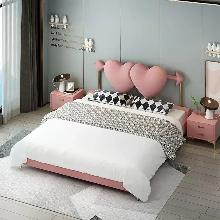 Girl light luxury bed simple modern Nordic bedroom bed creative double bed pink
