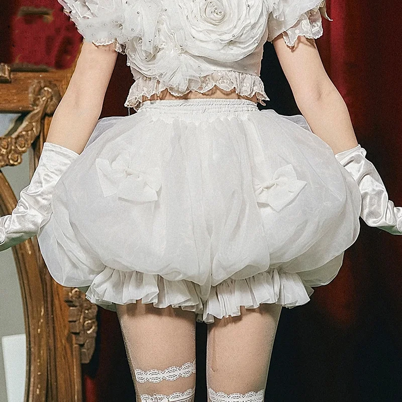 Japanese Style Sweet Lolita Mesh Pumpkin Shorts Cute Bow Elastic Waist Girls Fluffy Shorts Y2k Petticoat Sissy Party Costumes