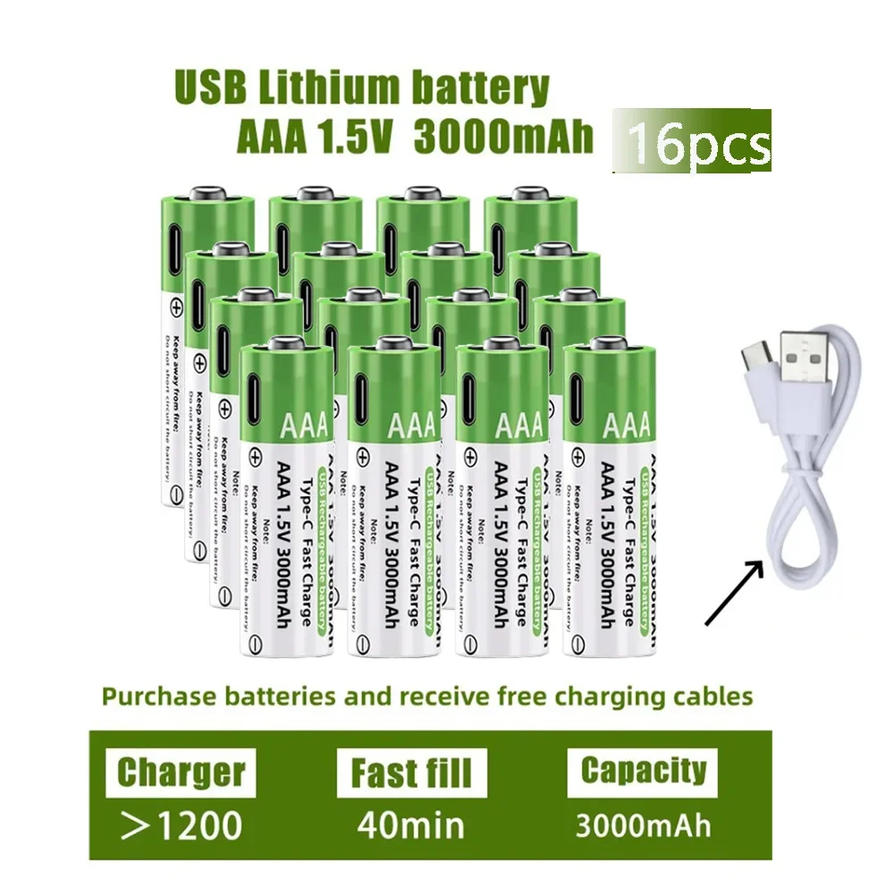 

Rechargeable Lithium Battery USB AAA 1.5V, C+type, 3000mAh Lithium-ion Battery, Used for Remote Control of Electric Mouse
