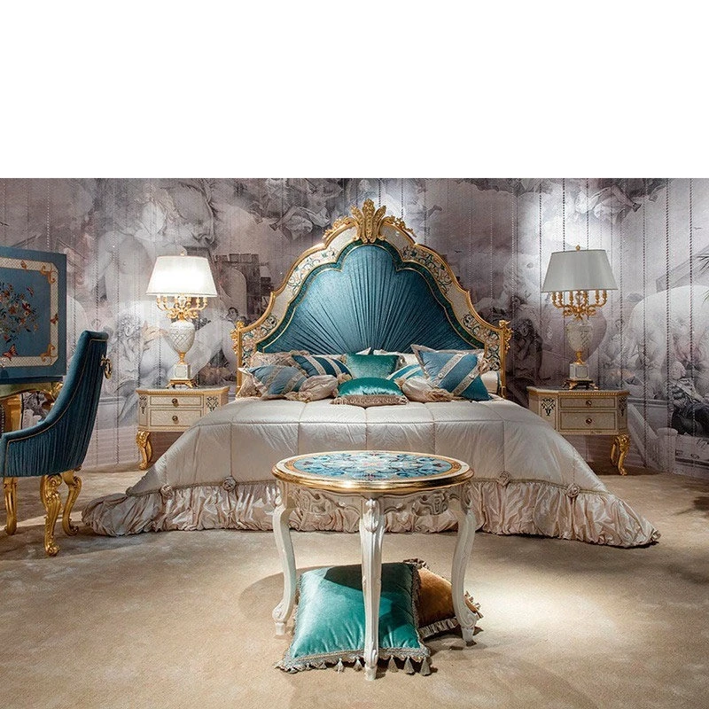 

Solid wood double bed gold foil carved wedding bed European Italian villa luxury shell princess bed