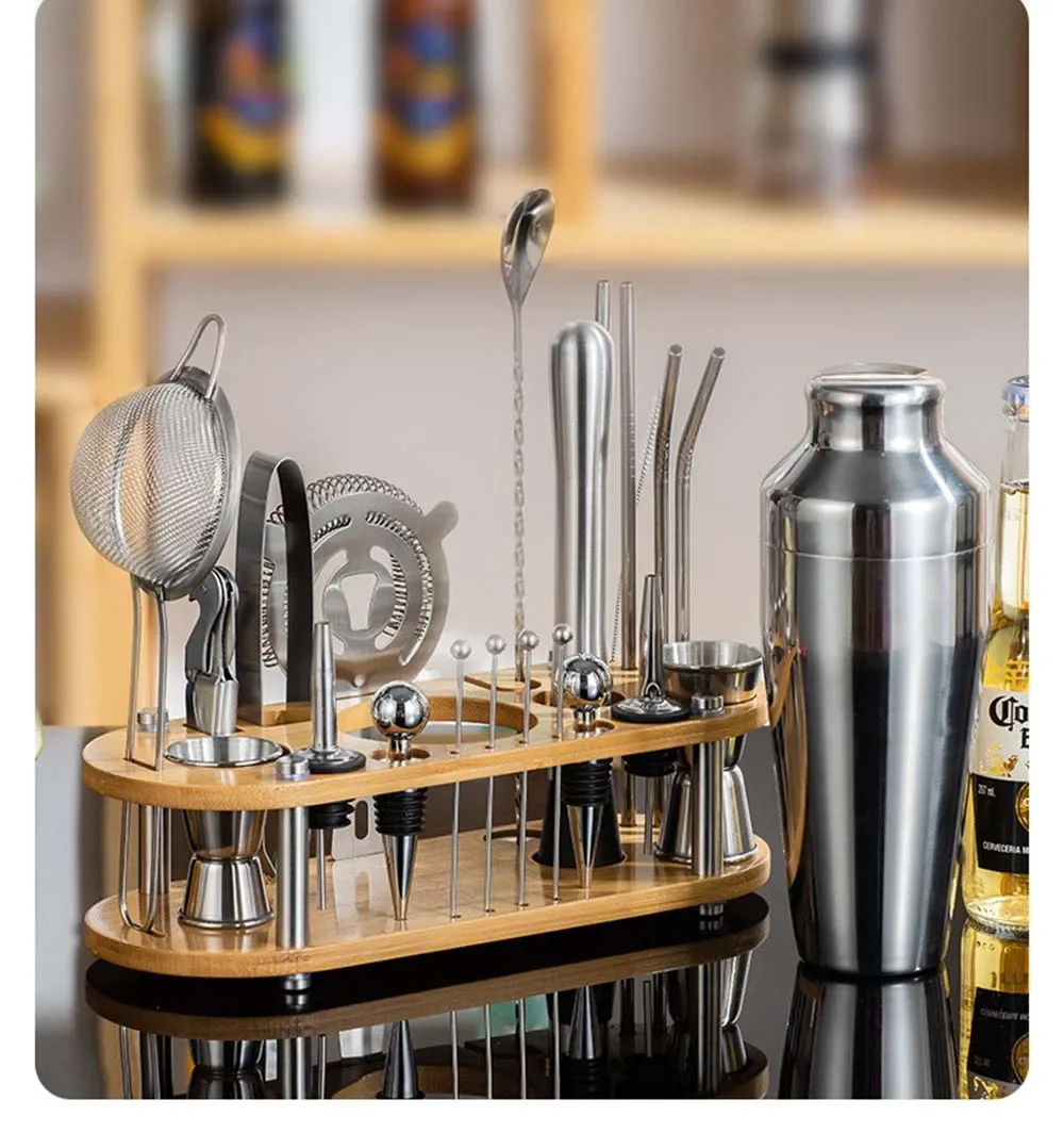 Stainless Steel Bar Cocktail Shaker Set Complete Bartender Kit with Bamboo Stand For Home Bar Party Bar Accessories Club 23piece