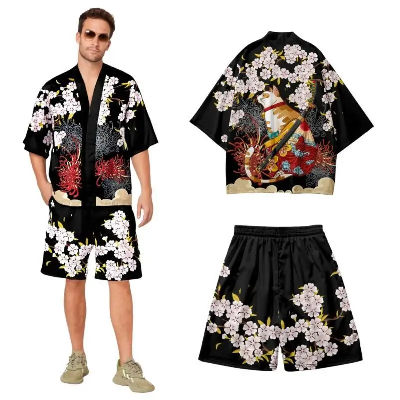 Men Japanese Kimono Shirt 3/4 Sleeve with Matching Shorts Set Pink Flower Samurai Cat Print Unisex Outfit for Women S To 3XL