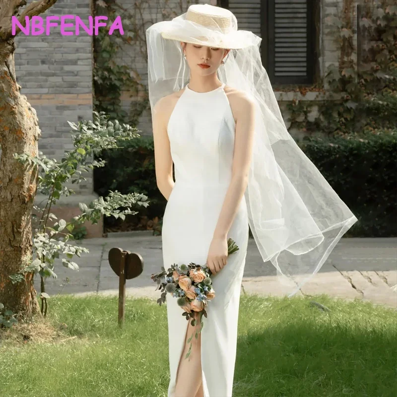 

White O-Neck Light Wedding Dresses Korea Simple Medium-length Mermaid Dress Photo Shoot Sexy Backless Banquet Evening Dresses