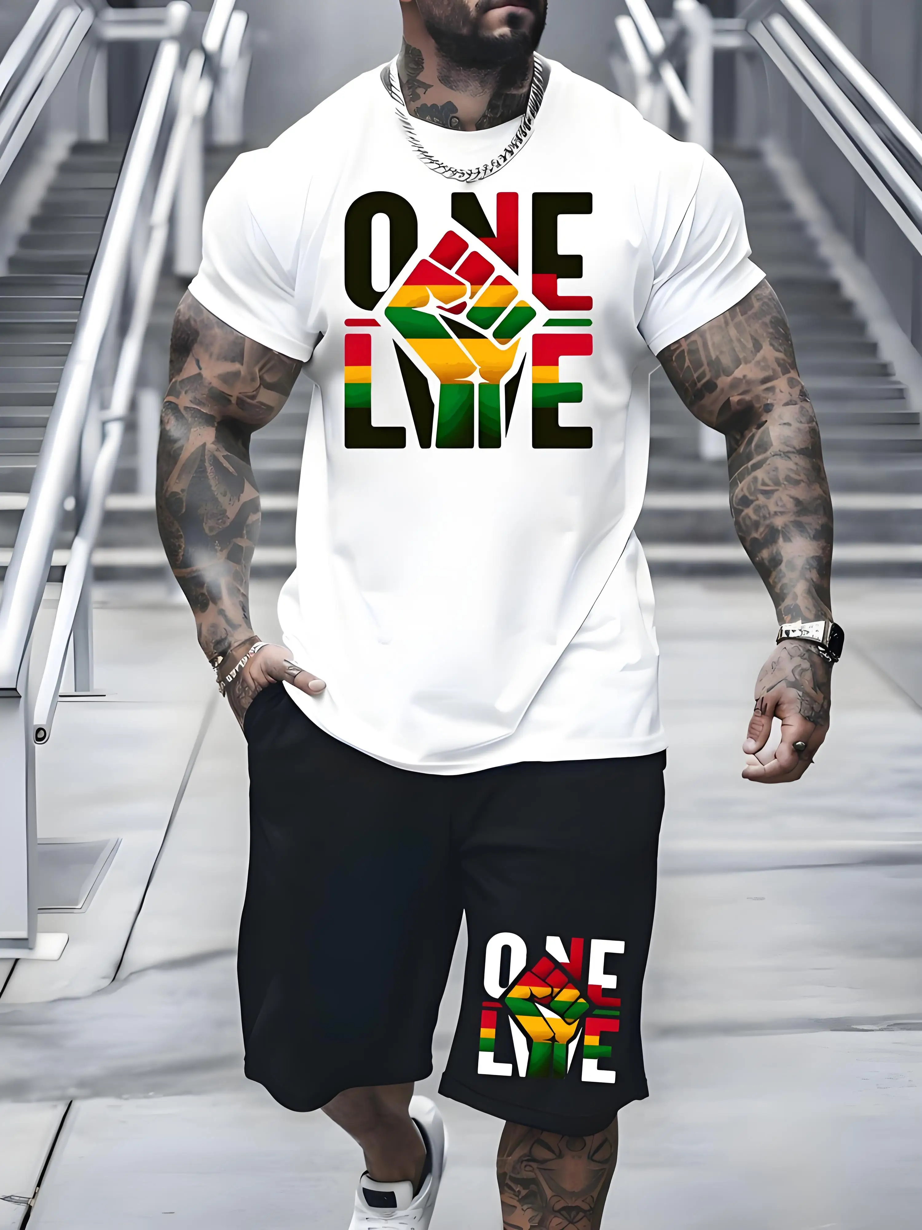 Fashion Colorful Love Graphic T-shirt Shorts Set Summer Sports Short Sleeve Shorts 2-piece Set Men's Quick Dry Sportswear Suit