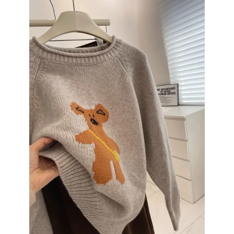 겨울철 여성용 한국 만화 곰 자카드 스웨터, 루즈핏 슬림 라운드넥 풀오버 니트 상의