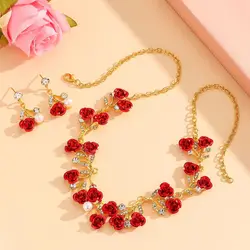 3pcs/Set Romantic Lovely Red Rose Flower Rhinestone Shiny Chain Necklaces+Dangle Earrings,For Women Valentine'S Day Gift
