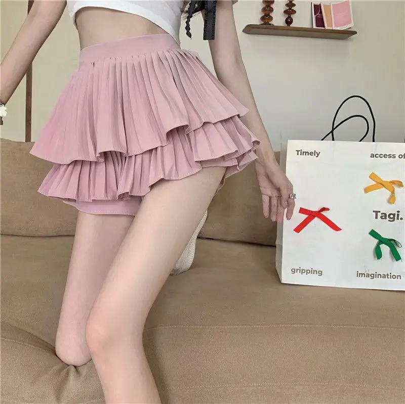 Summer Sweet Cake Short Skirt Women France Fashion Solid High Waist Ruffle Skirts Female Korean Chic New Kawaii Mini Skirt 2024