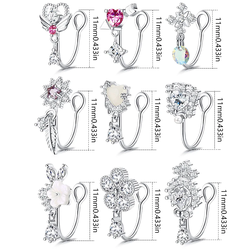 9 pieces Women\'s fake nose ring Hanging Pendant Clip nose ring African Nose cuff Fake clip nose ring for non-piercing jewelry,