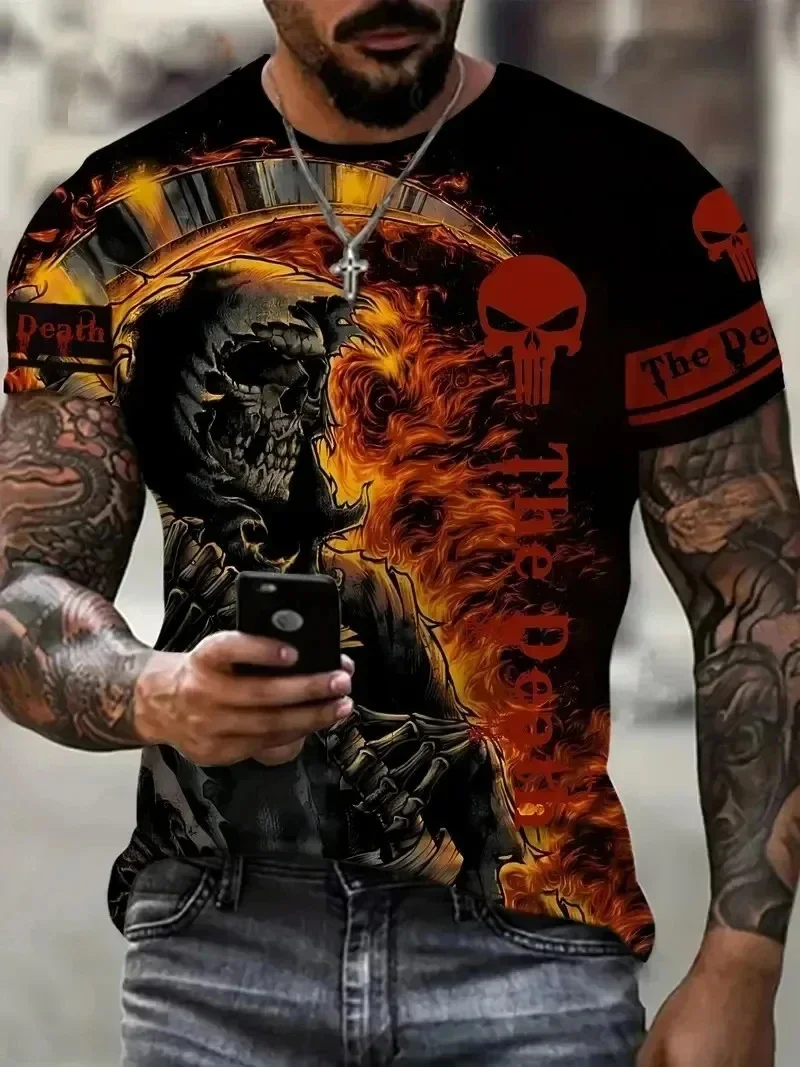Summer Men's T-shirt with Skull Pattern 3D Printing Fashionable Short Sleeved Street Retro Men's T-shirt Oversized T-shirt image 2