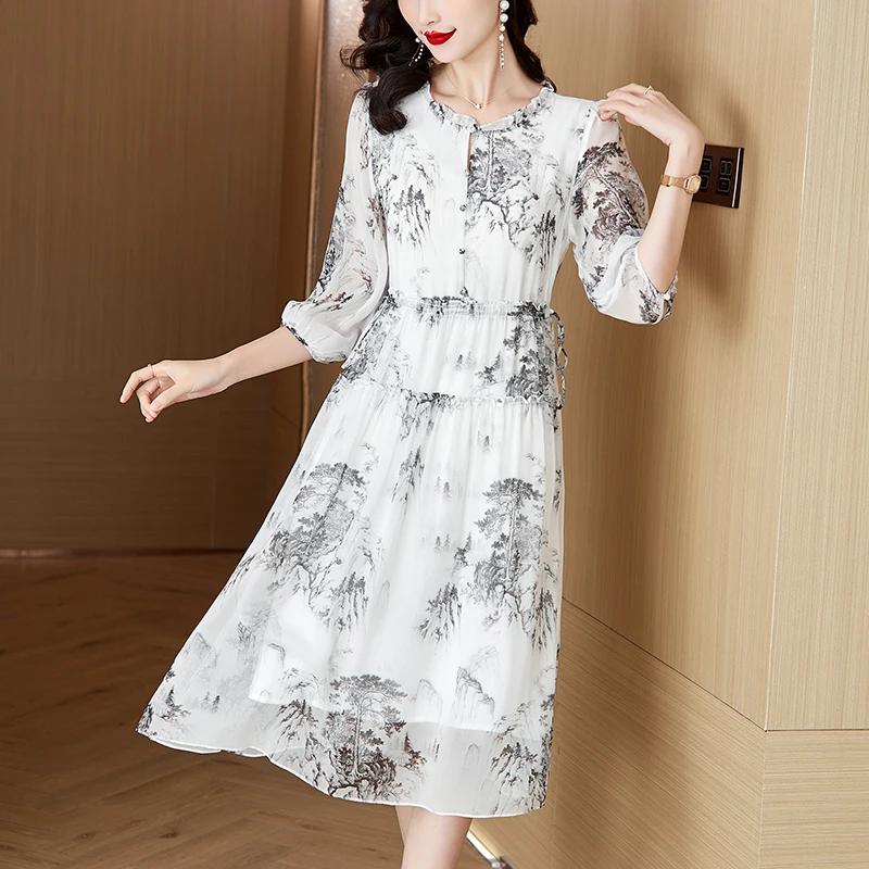 

Spring/Summer 2024 New Embroidery Long Sleeve Dress Women Grey Silk French Waist Slim Over Knee Long Dress Luxury Evening Dress